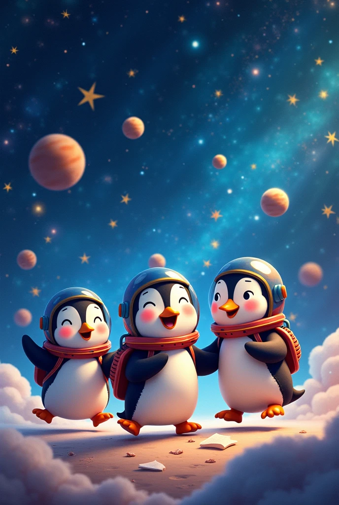 Generate a group of animated penguins in animated outer space