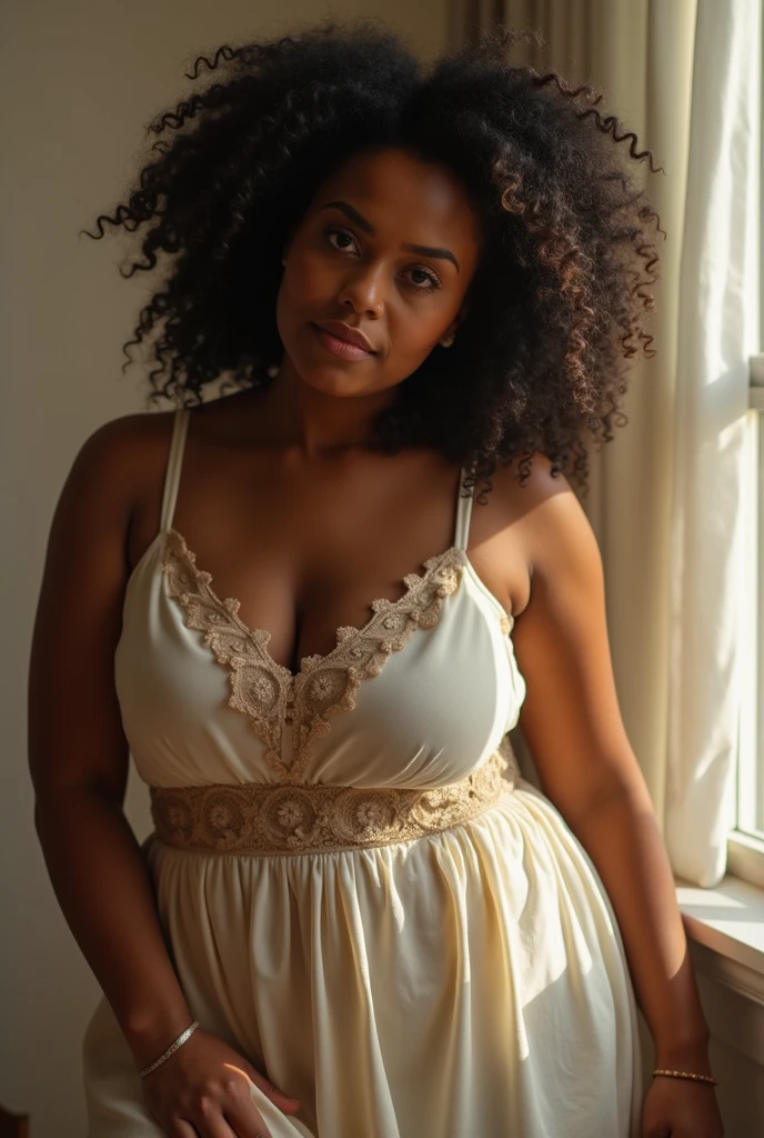 Long curly heads, wearing black dress