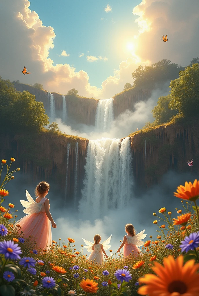 watterfol of chocholate in heaven with angels and field of diffrent color