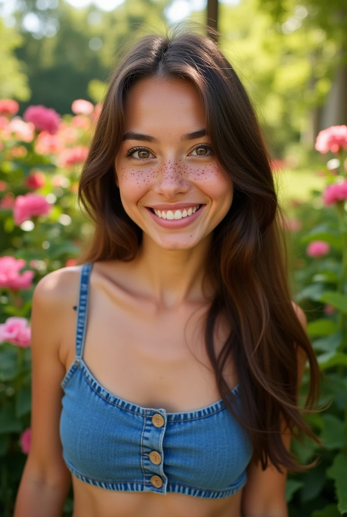 Femme 20 ans cheveux bruns lisse au yeux marros verts et tâches de rousseurs elle porte un crop top en jean sur l’image elle se prends en photo et le fond c’est un jardin 