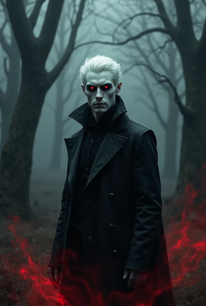 Profile of an albino demon, pale translucent skin, short platinum white hair, blood red eyes with black sclera, black clothes on him, the devil is Man, make it really dark