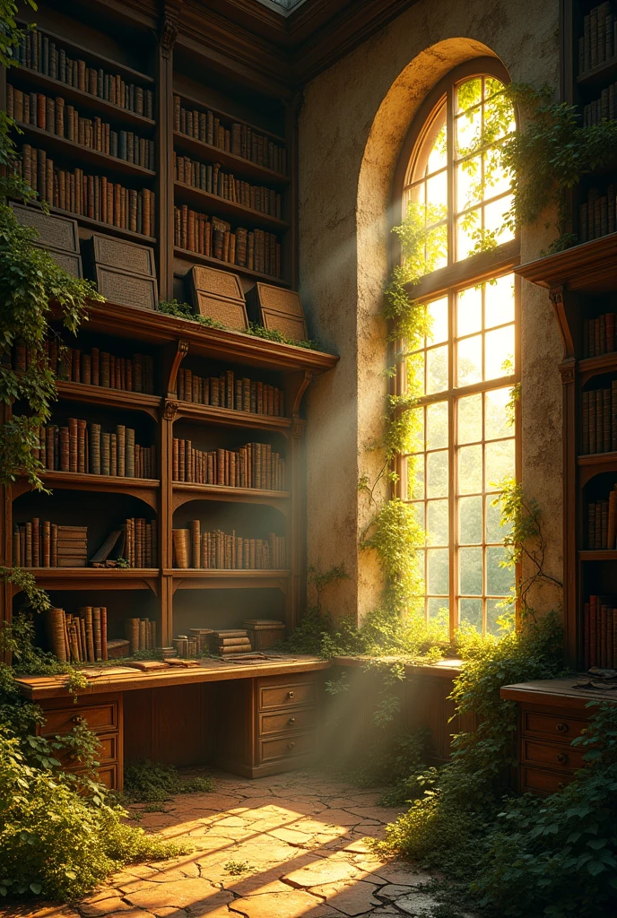 inside of a two storey high ancient abandoned library, post apocalyptic picture, the nature started to conquer back its territory, warm sunset colors
