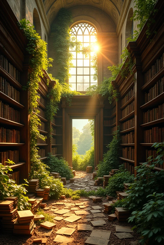 inside of a two storey high ancient abandoned library, post apocalyptic picture, the nature started to conquer back its territory, warm sunset colors