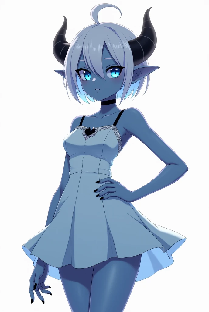score_9, score_8_up, score_7_up,((best quality)), absurdnes, ((best quality)), CoquelinePXL, 1 femboy, feminine male, adult, 20 years old, black pupil, glowing blue iris, black sclera, blue skin, short peekaboo style hair((white outside, black inside)), pointy elf ears, black short demon horns, azure blue demon tail, short white dress, short skirt, sleeveless, empire waist dress, turtle neck, solid white background, solo, hand on hip, looking at viewer, big ass, no breast, flat chest, anime inspired art