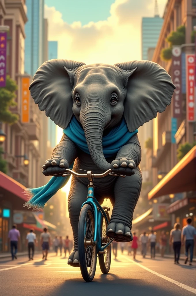 A elephant a riding a bike with city 