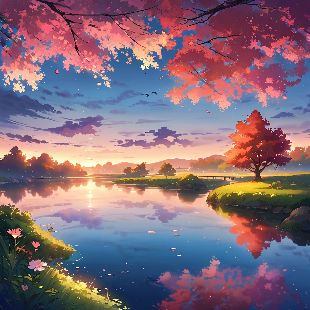 anime,landscape,pond,evening glow,natural colors,vibrant atmosphere,gentle reflections,serene ambiance,lush greenery,flowering trees,tranquil water surface,majestic hills in the distance,idyllic setting,crimson sun in the sky,soft sunlight filtering through the trees,dreamy clouds,picturesque scenery,magical atmosphere,peaceful and calm,elegant bridge over the pond,mirror-like reflections of the trees and clouds on the water surface,subtle ripples on the water created by gently swimming fish,faint sound of chirping birds in the background,whispers of a gentle breeze,feeling of harmony and tranquility,visual feast for the eyes,immersive and captivating,perfect for relaxation and meditation.