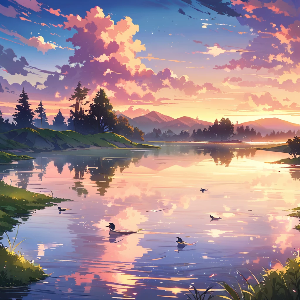 anime,landscape,pond,evening glow,natural colors,vibrant atmosphere,gentle reflections,serene ambiance,lush greenery,flowering trees,tranquil water surface,majestic hills in the distance,idyllic setting,crimson sun in the sky,soft sunlight filtering through the trees,dreamy clouds,picturesque scenery,magical atmosphere,peaceful and calm,elegant bridge over the pond,mirror-like reflections of the trees and clouds on the water surface,subtle ripples on the water created by gently swimming fish,faint sound of chirping birds in the background,whispers of a gentle breeze,feeling of harmony and tranquility,visual feast for the eyes,immersive and captivating,perfect for relaxation and meditation.