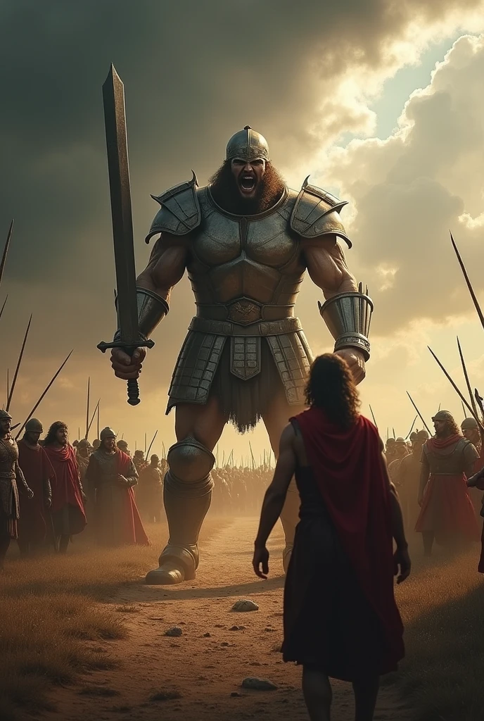 war between Israel and the Philistines, nos tempos biblicos, with dark clouds, and tension, Goliath warrior 3 meters tall, dear good, with his sword in attack position, I want face, yelling, Davi, 20 years old, looking at Goliath, Goliath with a stone on his forehead, being hit, e yelling de dor, and closing his eyes