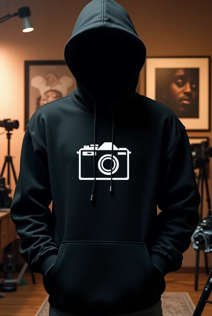 Hoodie design with the name RidwanGrapher icon, black color and a camera image.