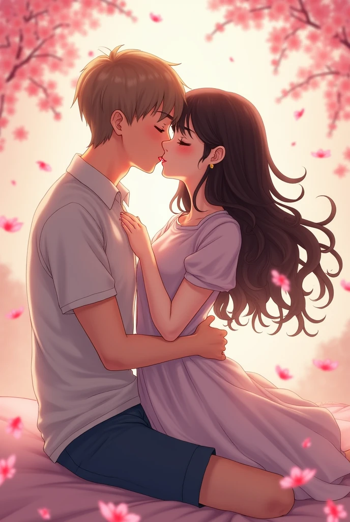 Draw a dark brown wavy haired pale curvy girl sitting on the lap of a boy with light brown straight hair who is also pale skinned kissing anime artstyle in a sexy way

