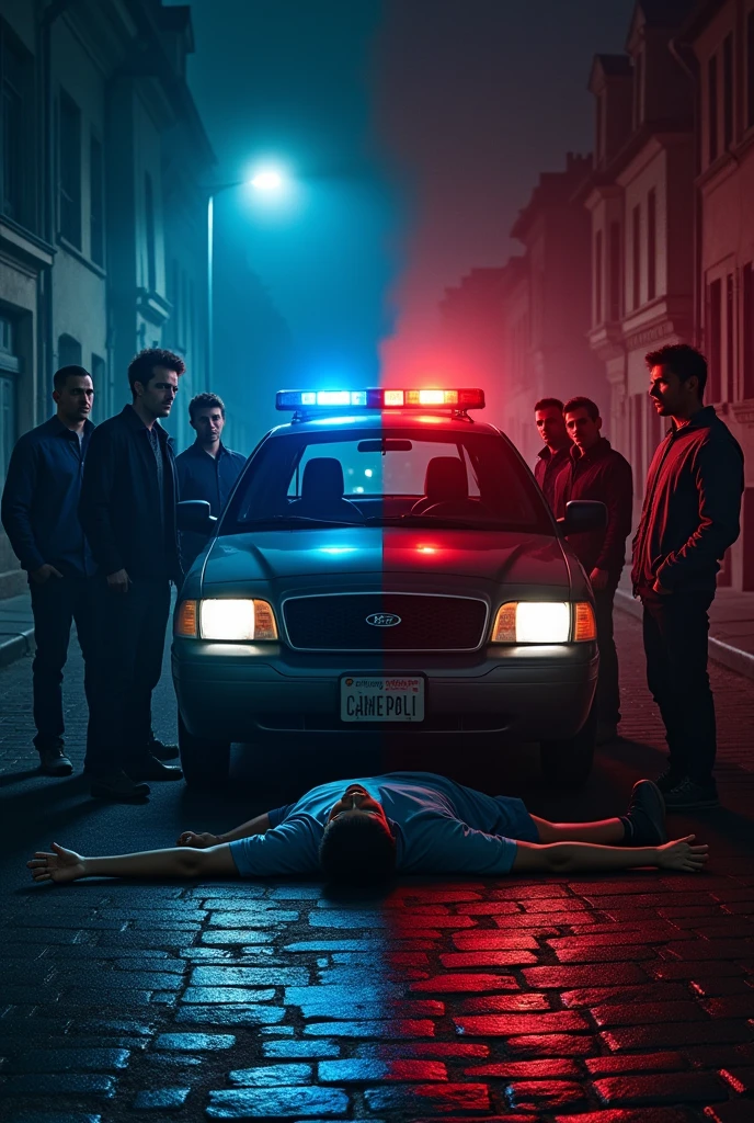 The cover of a book.
Divided into two halves.
In the lower half, 7 men around 27 years old, and in the background, the lights of a police patrol.
And in the upper half a corpse.