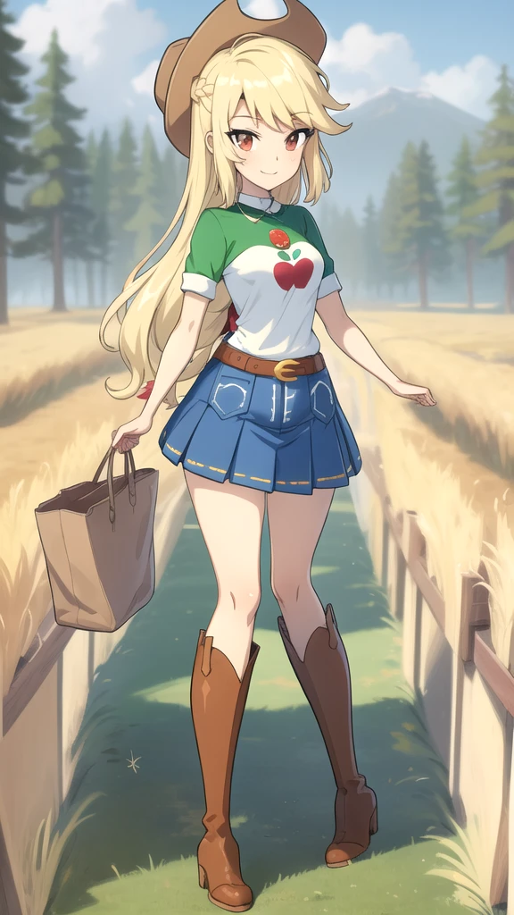 (masterpiece, best quality:1.2),cowboy shot,solo,1girl,mlpapplejack,smile,looking at viewer,low-tied long hair,cowboy hat,shirt,denim skirt,belt,wheat, thigh high boots, field,vector trace, full body, skinny legs, brown boots, red eyes,
Ultra quality, 8K, masterpiece, anime style, anime girl,