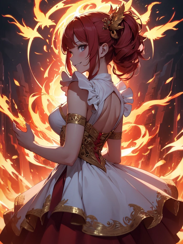 (((best quality, sharp image, clear image, cinematic lighting, 8k resolution, masterpiece, ultra detailed, intricate))) Girl, (((looking over left shoulder))), (shot from behind), ((shot from hip up)), fiery red hair, pigtails, ((white dress)), ((flaming sigils, flaming runes)), spiky rock formations, (flaming lotus flowers frame), (intricate background), ((Phoenix)), (swirling flames), smiling