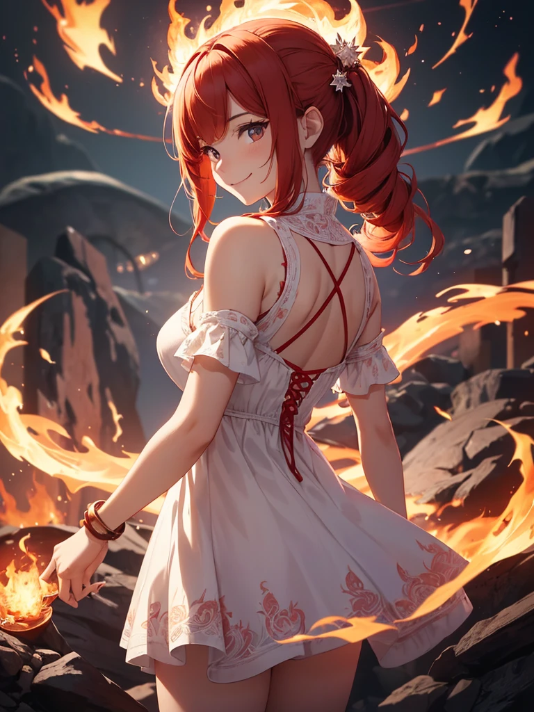 (((best quality, sharp image, clear image, cinematic lighting, 8k resolution, masterpiece, ultra detailed, intricate))) Girl, (((looking over left shoulder))), (shot from behind), ((shot from hip up)), fiery red hair, pigtails, ((white dress)), ((flaming sigils, flaming runes)), spiky rock formations, (flaming lotus flowers frame), (intricate background), ((Phoenix)), (swirling flames), smiling