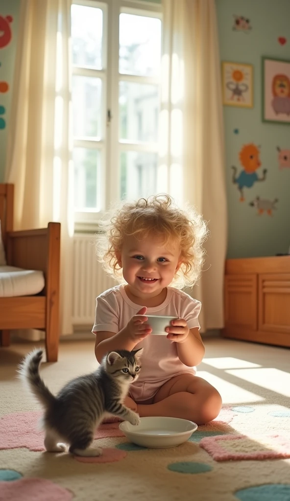 a child feeds a cute kitten
