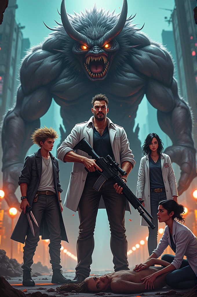 A tall, strong man with a shotgun and a broadsword stands with a short, thin man with light brown hair and golden eyes, sporting a psychotic smile and holding a pistol and a knife.  Beside them is a large, strong bald man with a rifle, and a black-haired doctor in a white coat is tending to a patient.  All of them face a monster in an anime style.