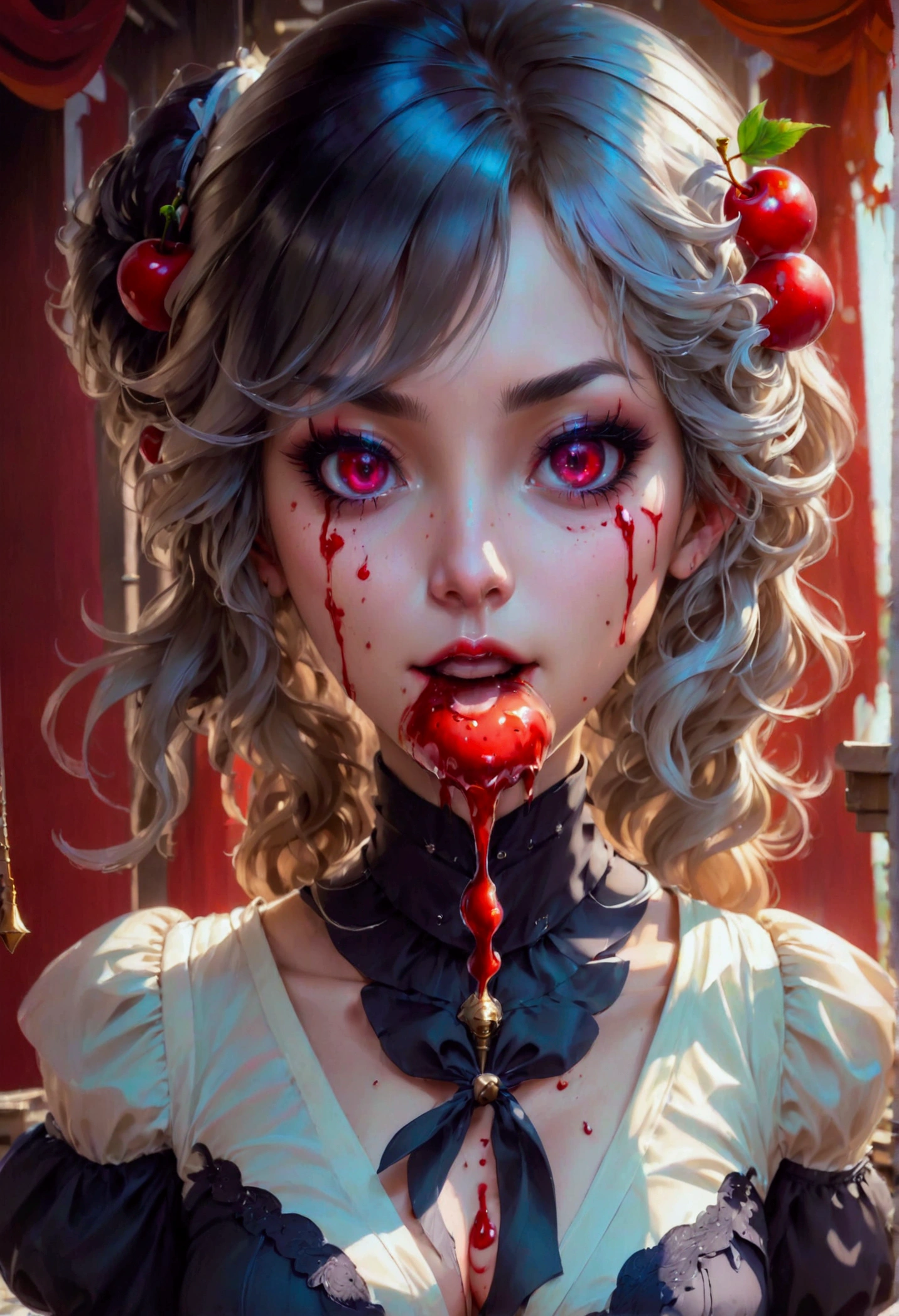 a portrait of a female vampire eating a (bloody cherry: 1.3), an exotic exquisite beautiful female vampire, dynamic hair color, wavy hair, dynamic eyes color, (glowing eyes: 1.1), intense eyes, wearing glamour silk dress, intricate detailed dress, dynamic color dress, dynamic style dress, (eating a large cherry soaked with blood: 1.3), blood dripping from the cheery, whipped cream, dark fantasy pastry shop background,