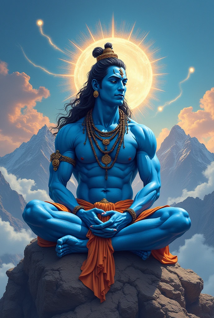 a man (fit big body ,blue body )sitting on mountain flight  shiva, lord shiva, god shiva the destroyer, hinduism, hindu gods, neck around snake , devainart, by Max Dauthendey, shakti, beautiful depiction, goddess art, inspired by Kailash Chandra Meher, hindu art, hindu god, nirvana, vish ,devi Parvati and bhagavan shiv shankar (hindu)
,dark  maditation  position 

