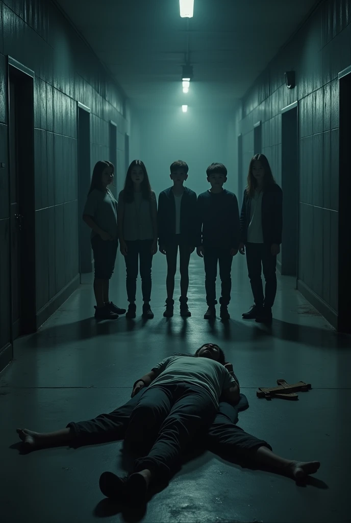(photorealism:1.2), Dark corridor, dim light at the end of the corridor. There are six people in the center of the complex, three boys and three girls. they look straight ahead. In the foreground is the dead body of a 50-year-old man. On one wall there is a shadow of a female detective, without a hat, with her hair down, but this woman is not in the frame itself. There is a cross on the floor next to the dead body.