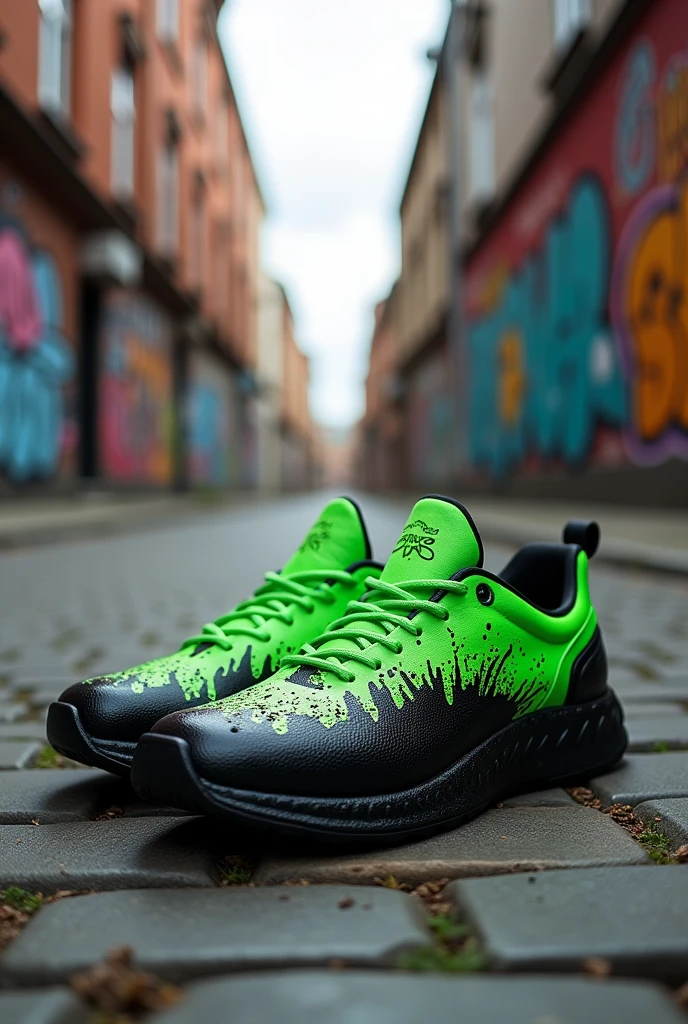 Green with splated black paint on the bottom of the shoe