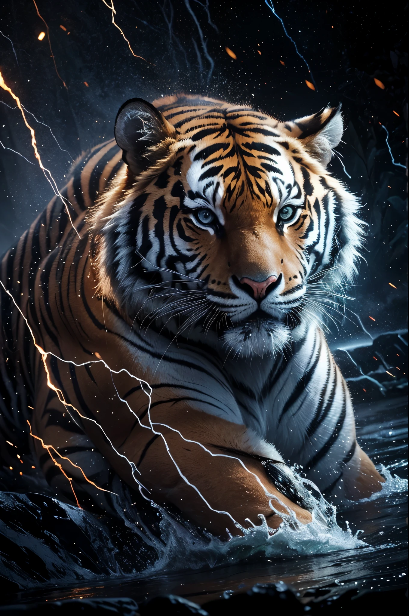 tigre, Macho Tiger, naturals, Powerful Tiger, Tigre photorrealistic FullHD, realistic detailed Tiger, Power of the Tiger, animal, ferocious, photorealism 8k, Núcleos photorrealistics FullHD 8K, Textura photorrealistic 4Ks, 4K PhotoRealism, photorealism 8k, Textura photorrealistic 4K, Contraste photorrealistic 4K, Profundidade photorrealistic, ultra HD, thunder, Sombras photorrealistics, perfect, realistic detailed, Waters, Godlike, sky, naturals, Linda, Rendering, photorrealistic, ultra HD, 4K, detailed textures, thunder, detailed shadows, detailed colors, sunset, sunset, sunset, naturals Linda, black backdrop, sunset, detailed contrast, realistic contrast, high resolution, detailed colors, fire, villany, posh