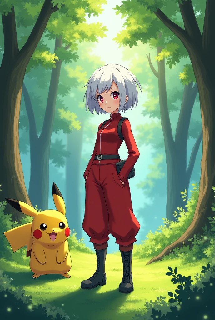 1 girl, short white hair and red eyes solo, girl, beautiful and stylish red outfit, Pokemon anime style art, pokemon trainer style character, with a pokemon called pikachu nearby, with a forest background