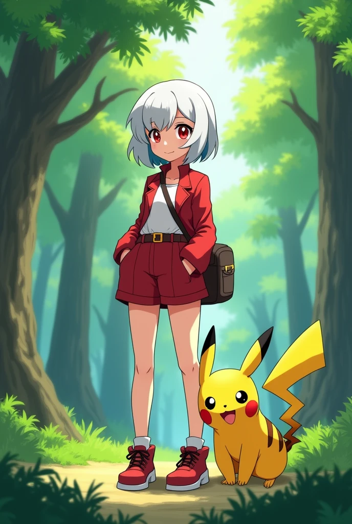 1 girl, short white hair and red eyes solo, girl, beautiful and stylish red outfit, Pokemon anime style art, pokemon trainer style character, with a pokemon called pikachu nearby, with a forest background