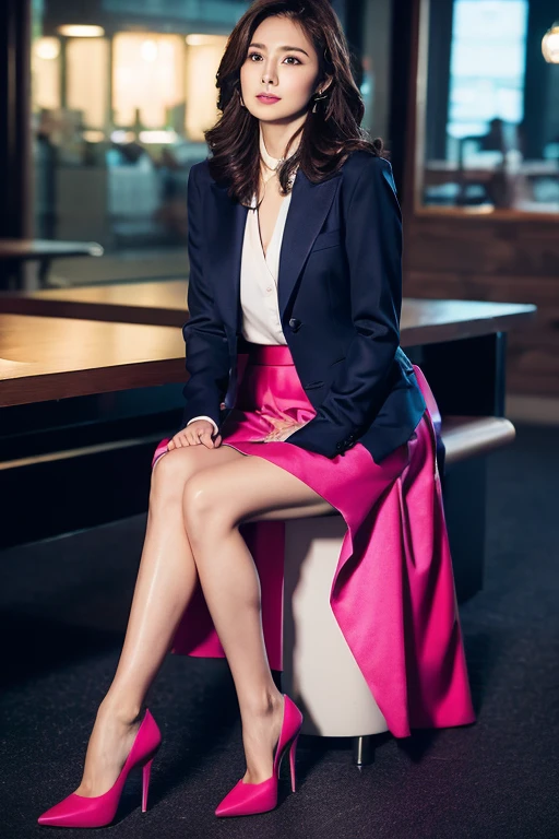 blazer、Business Blouse、(Colorful long skirt:1.3)、(Highest quality、Ultra-high resolution、masterpiece)、(Full Body Portrait)、silk pantyhose、(Sitting、Both legs and high heels look beautiful.)、1 girl、(Perfect Anatomy, Perfect body, Perfect hands, Perfect Face, Perfect Eyes, Accurate, Anatomically correct), Perfectly clear and sharp focus, Mid-chest、Modern architecture at night on the background、Professional Lighting