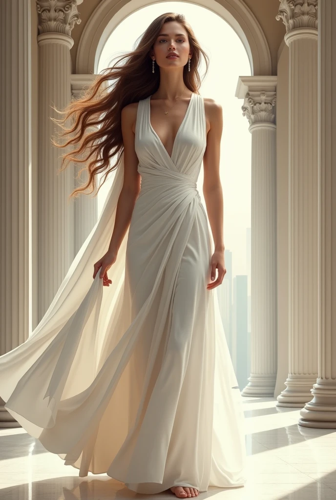 Modern goddess, reminiscent of Hera with the majestic aura of Greek mythology, clad in all white attire that contrasts with her flowing brown hair styled into an elegant coque, captured with a realistic touch, white flowing gown, imposing statue-like posture, serene expression, set against a backdrop of a contemporary setting fused with subtle classical elements, soft backlighting highlighting her divine presence, ultra realistic, digital painting.