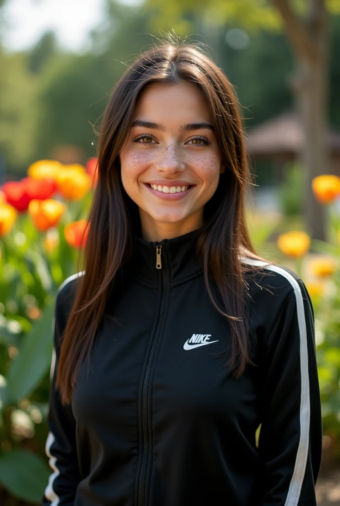 Femme 20 ans cheveux bruns très lisse au yeux marros verts et tâches de rousseurs elle porte un survet nike noir sur l’image elle se prends en photo et le fond c’est un jardin