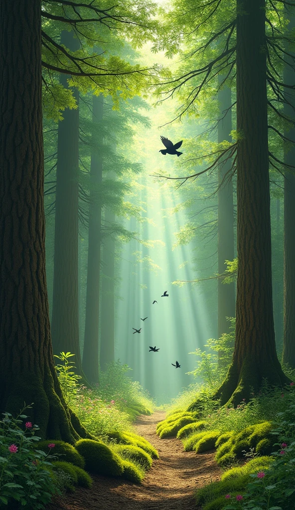 a closed forest with realistic colors and shadows from the trees and sun rays penetrating between the branches and birds flying