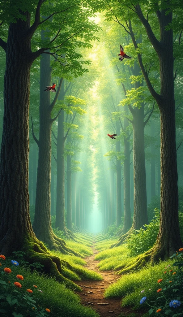 a closed forest with realistic colors and shadows from the trees and sun rays penetrating between the branches and birds flying