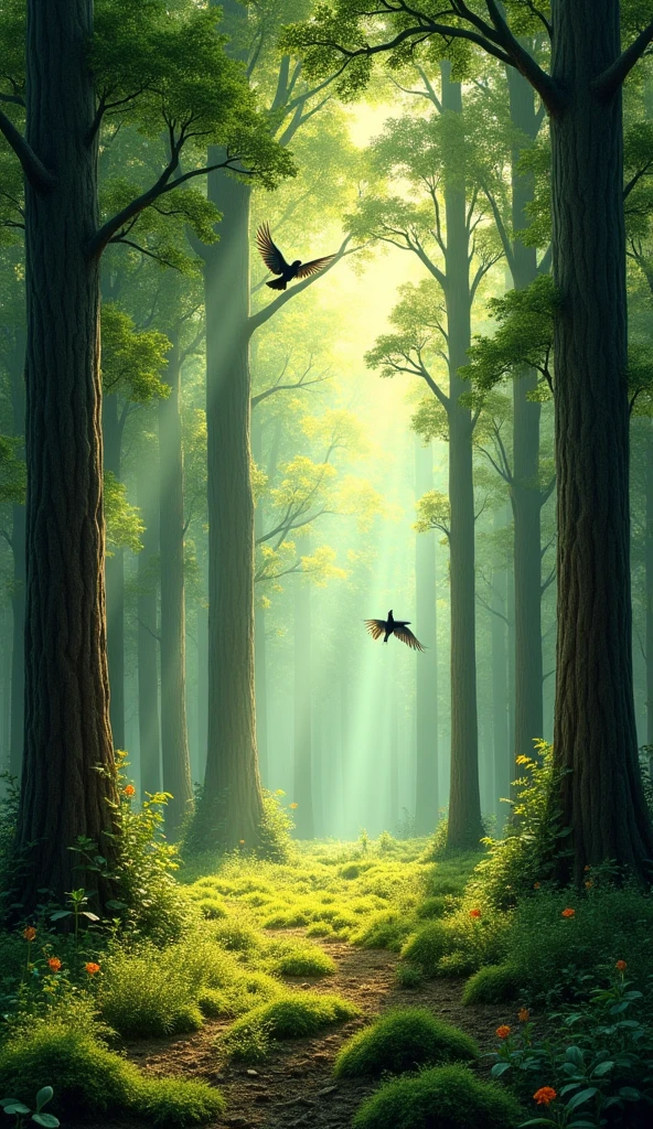 a closed forest with realistic colors and shadows from the trees and sun rays penetrating between the branches and birds flying