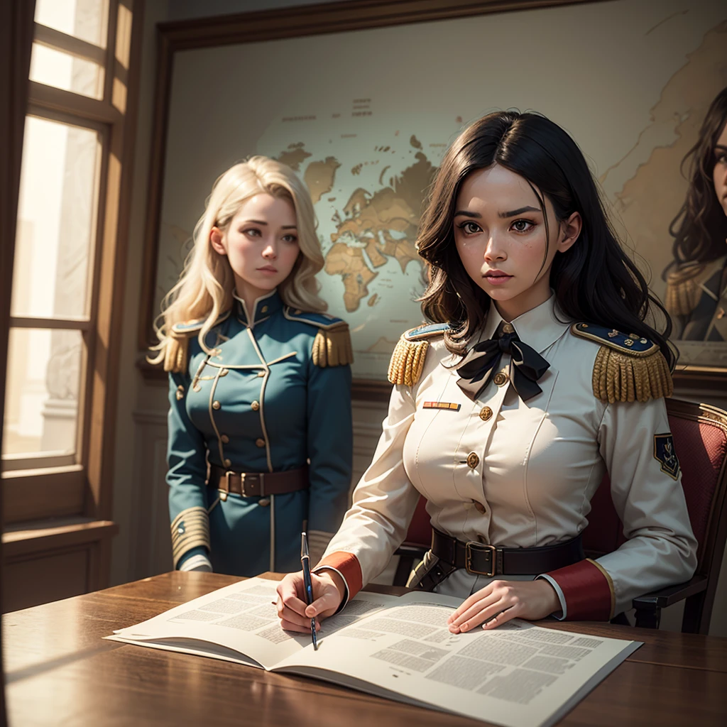 Three French female military officers from World War II are in a historical office setting, discussing a strategic plan. The room is decorated with period-appropriate furnishings and maps on the walls. The women are dressed in authentic French military uniforms of the era, with detailed insignia and equipment. One officer is pointing at a large map on the table, while the others are attentively listening and taking notes. The scene should convey a serious and focused atmosphere, with an emphasis on historical accuracy and period details., ((Best quality)), ((masterpiece)), (beautiful face and eyes, highly detailed:1.3), Depth-of-field, Multi-layered textures, HDR (High Dynamic Range), Ray Tracing, NVIDIA RTX, Unreal 5, Subsurface scattering, PBR Texturing, Post-processing, Anisotropic Filtering, Maximum clarity and sharpness, Wide aperture, Low ISO, White balance, Rule of thirds, 8K RAW, art, neoclassical painting, mural, Venetian painting style, oil painting,
