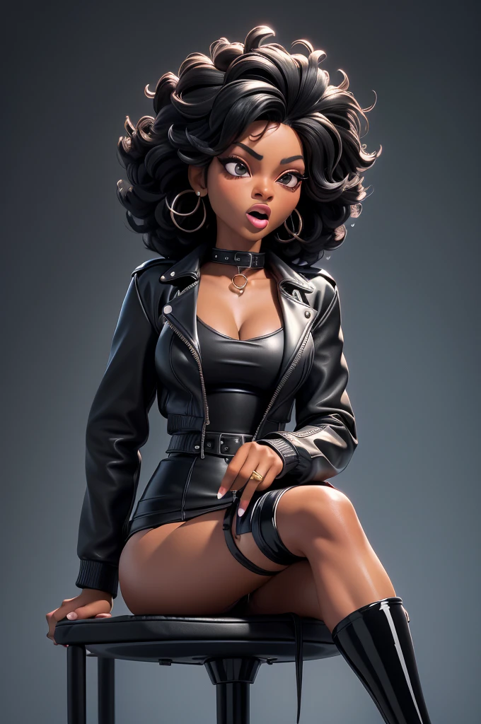 obra prima, melhor qualidade, ((only two women,)) ((tina turner, diana ross, dark black skin, short black afro style hair, mouth open wide, ecstasy expression,)) erect cone tits, ((wearing glassy black leather biker moto jacket,)) ((jacket has padded shoulders, jacket has stiff high collar,)) (((wearing slick black crumpled leather miniskirt, pussy visible,))) wearing louboutin heels, body is very skinny, ((sitting back, legs spread, mashing tits,)) ((camera front view of body,)) shallow depth of field, highres, HD, 8k, anatomically correct