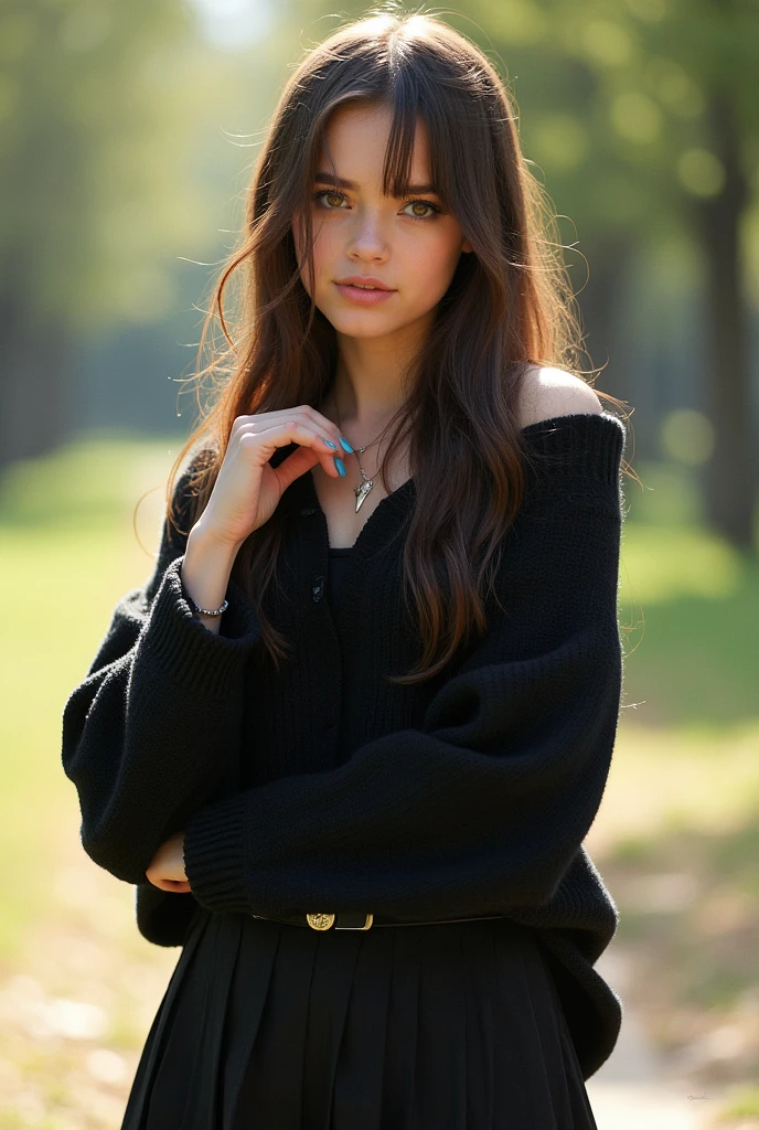 ciri,, , 1 girl, ahoge, bang, black skirt, black sweater, blue nails, Blurred, Blurred background, breast, Brown eyes, Brown hair, brown Jacket, closed mouth, dated, day, depth of field, earrings, eyelashes, above the handle, head tilt, Jacket, Jewelry, long hair, long sleeves, I look at the viewer, medium breast, nail polish, open clothes, open Jacket, on open air, wrinkled lips, shirt tucked in, sidelocks, skirt, sleeves above the wrists, One, sweater, upper body, lightning, , , ((masterpiece)), , 