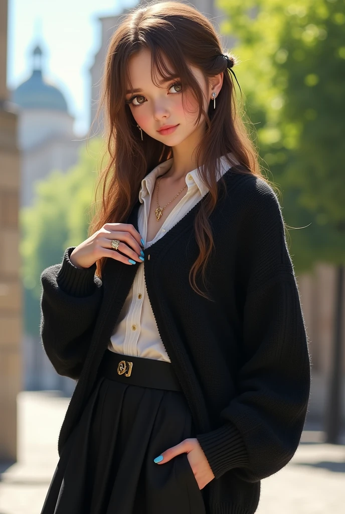 ciri,, , 1 girl, ahoge, bang, black skirt, black sweater, blue nails, Blurred, Blurred background, breast, Brown eyes, Brown hair, brown Jacket, closed mouth, dated, day, depth of field, earrings, eyelashes, above the handle, head tilt, Jacket, Jewelry, long hair, long sleeves, I look at the viewer, medium breast, nail polish, open clothes, open Jacket, on open air, wrinkled lips, shirt tucked in, sidelocks, skirt, sleeves above the wrists, One, sweater, upper body, lightning, , , ((masterpiece)), , 