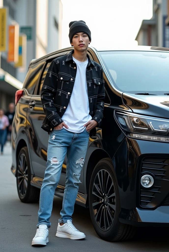 
Original photo is a side view of a modified black Toyota Innova Reborn 2024 with a young Korean-looking man wearing a white t-shirt,black flannel shirt with white pattern, long blue jeans with rips, white sneakers and beanie hat,Hair is not visible, professionally styled on the street like a model, high quality