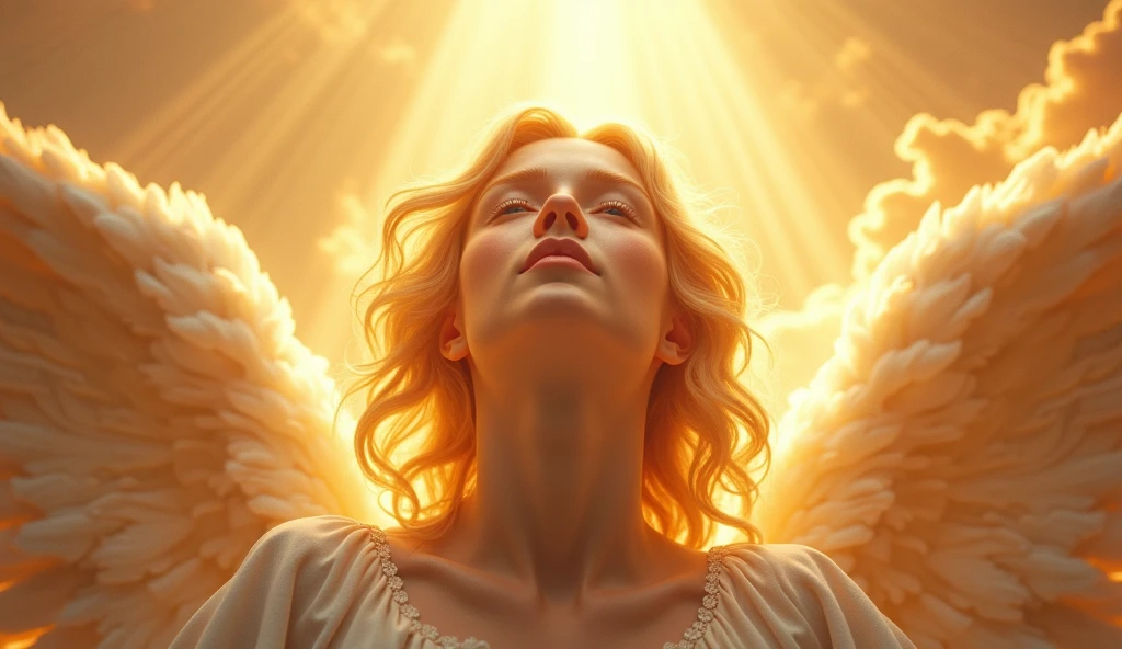 face of an angel facing forward entering the gates of heaven, beautiful bright gold colors, ultra realisitic
