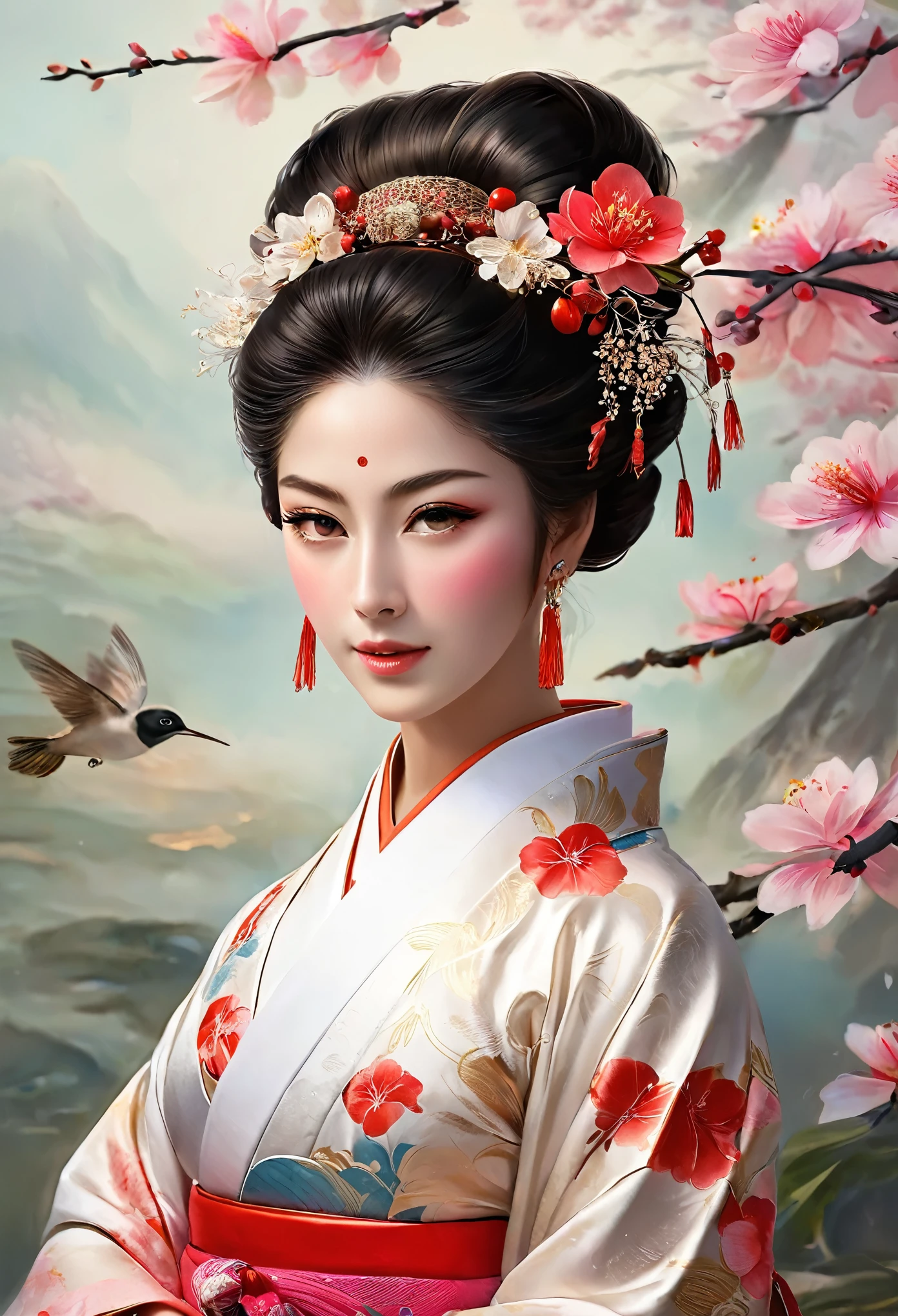 (The gorgeously sexy adorned geisha, embodying a harmonious blend of grace and allure, symbolizes traditional Japanese beauty and elegance. She is depicted in a stunningly detailed painting, with intricate details shining through her delicate features and flowing kimono. The composition captures her serene expression and delicate gestures with a sense of perfection and refinement. This high-quality image exudes a sense of timeless beauty and cultural richness.