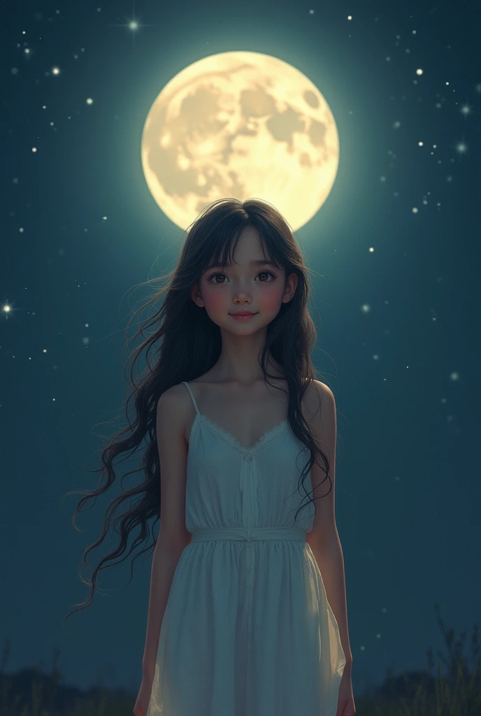 A small woman with small breasts exposed to the moonlight, the woman also has a small butt with her intimate part exposed, long hair and brown eyes with a smile on her face besides a youthful face