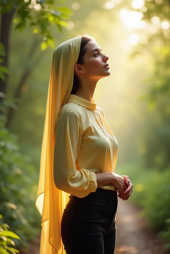 Christian woman in pastel yellow blouse, She has her head covered with a marmalade-colored veil and black pants, brown shoes.