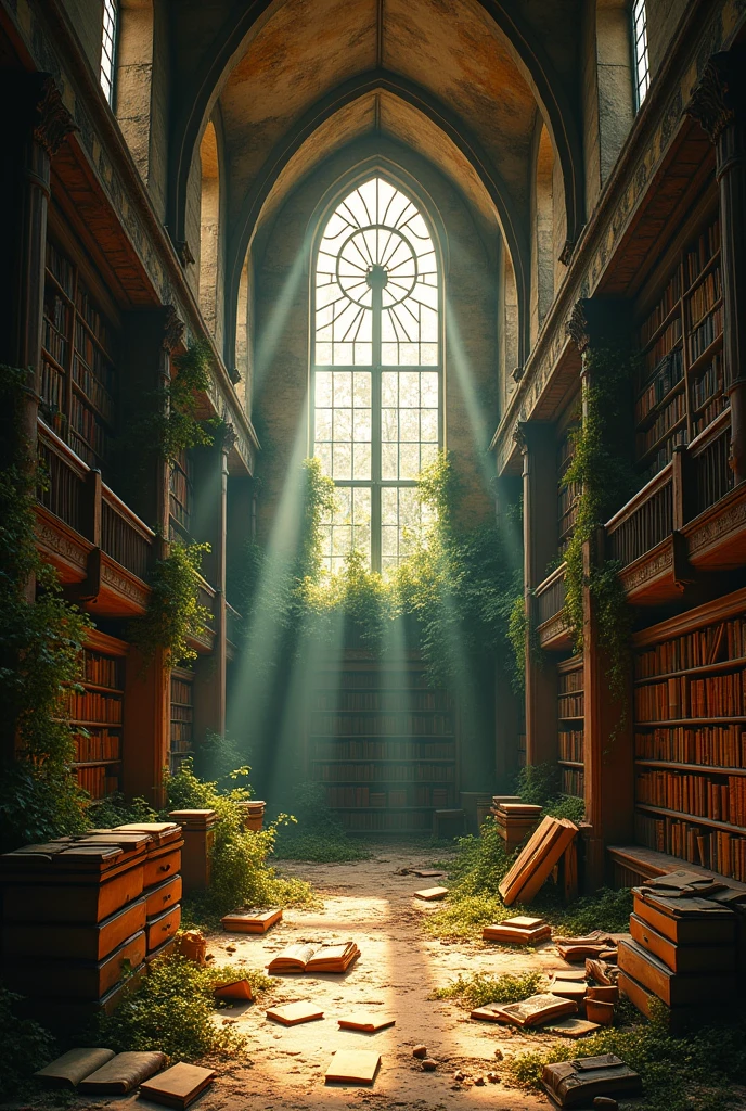 inside of a two storey high ancient abandoned library, post apocalyptic picture, the nature started to conquer back its territory, morning sunrise colors, dark atmosphere
