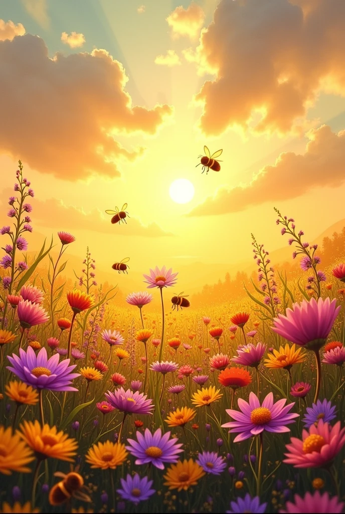 field of diffrent color and honey in the sky