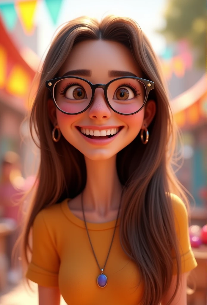 Cartoon character of a man crie um personagem no estilo pixar da disney, Woman, white, long straight brown hair, Brown eyes, Grinning,wearing small glasses, animation character, Stylized character, Rendering Animation Styles, 3d stylized,3D stylized render,3d character, cartoon character, character pose,  (Pixar-style) (​masterpiece:1.2) (bokeh) (best qualityer) (skin detailed) (detailed texture) (8k)  (cinematic lighting) (sharp focus