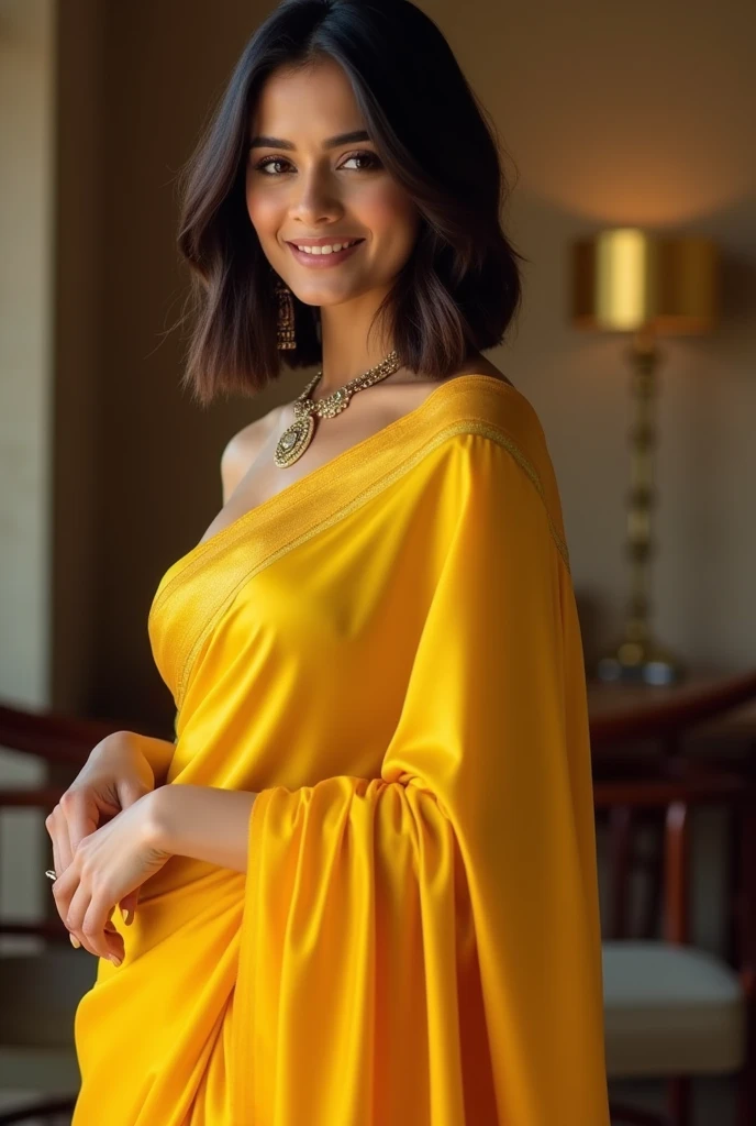 Indian girl 33 years, bob cut hair, expensive silk yellow saree, full length body photograph, looking straight at the camera, big cute smile, sexy figure, wheatish complexion cute face, North Indian girl, similar looking to Kiara Advani, full body length photo inducing her feet.