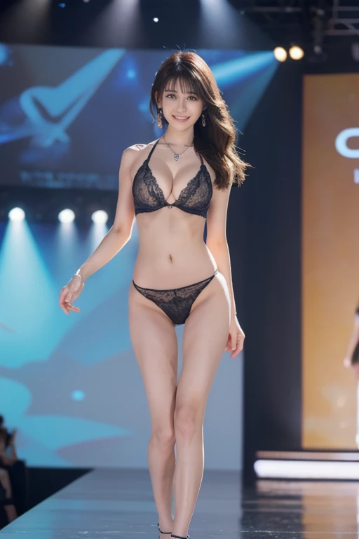 Ultra-realistic、High resolution、 One Standing Woman、(Full body image)、(Large Breasts, Cleavage:1.3)、Almond-shaped and long, beautiful eyes、Realistic eyes、Long eyelashes、Beautiful Skin、Perfect Proportions、Straight long hair、28 years old、professional lighting、Sheer lace bikini bottoms、(Small Hips:1.3)、(Thin legs:1.3)、topless、Long legs、necklace、Earrings、Less makeup、Smile just a little、Standing with legs spread on the fashion show stage
