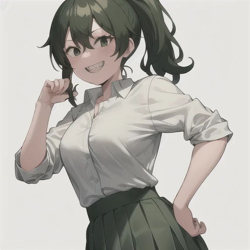 setsuna tokage, 1girl, solo, breasts, looking at viewer, smile, skirt, simple background, shirt, white background, school uniform, green eyes, white shirt, ponytail, sidelocks, pleated skirt, green hair, teeth, collared shirt, medium hair, grin, black eyes, hand on hip, sharp teeth, green skirt, sleeves rolled up
