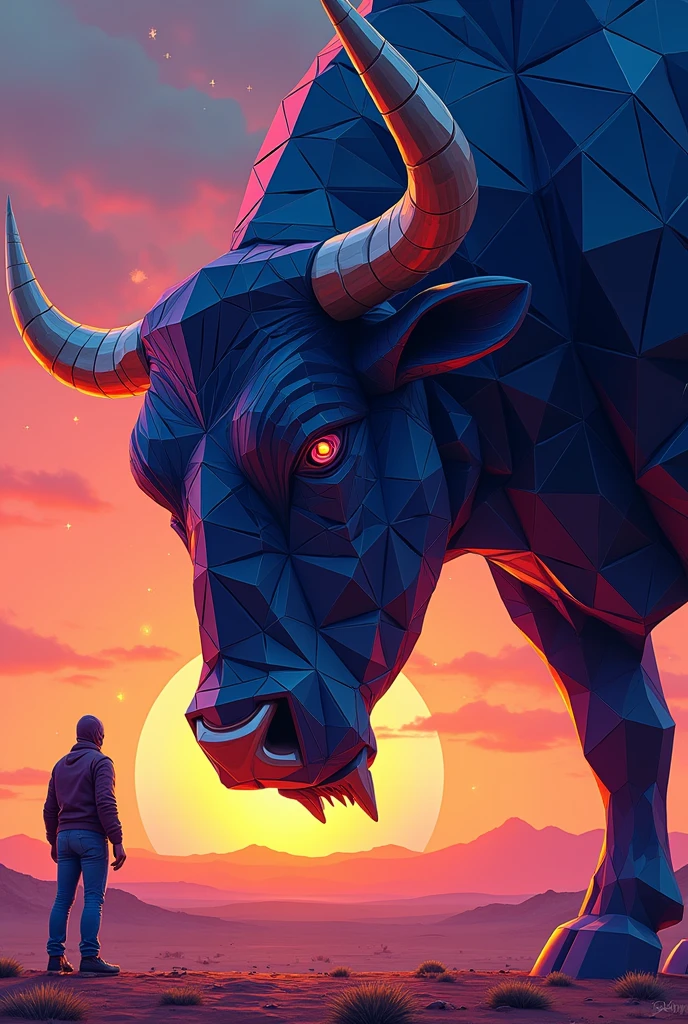 Geometric head of a bull seen from below by a much taller giant