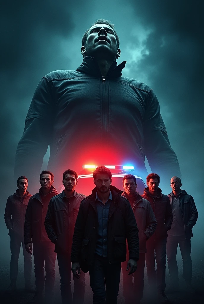 The cover of a book.
Divided into two halves.
In the lower half, 7 men around 27 years old, and in the background, the lights of a police patrol.
And in the upper half a corpse.
